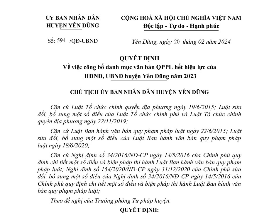 03 danh mục văn bản QPPL hết hiệu lực của HĐND, UBND huyện Yên Dũng năm 2023.